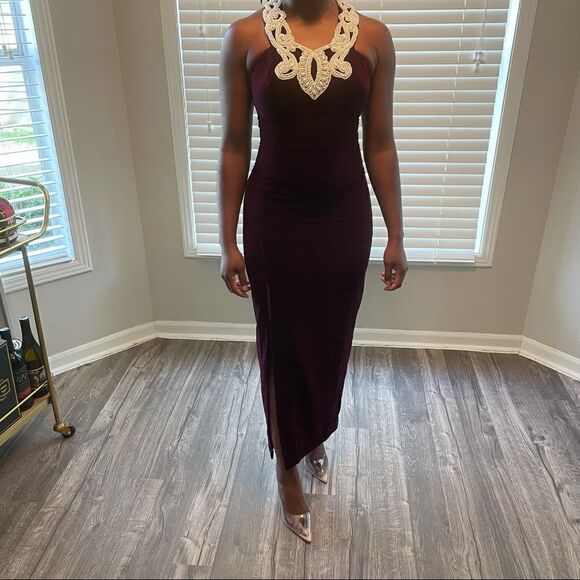 Jessica McClintock Gunn Sax Vintage Velvet and Pearl Thigh Split Evening Gown - Picture 11 of 12